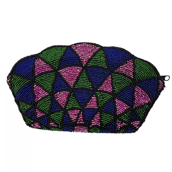 Neiman Marcus Handbags - Vintage 80's Neiman Marcus Hand Beaded Shell Shaped Geometric Clutch With Zipper